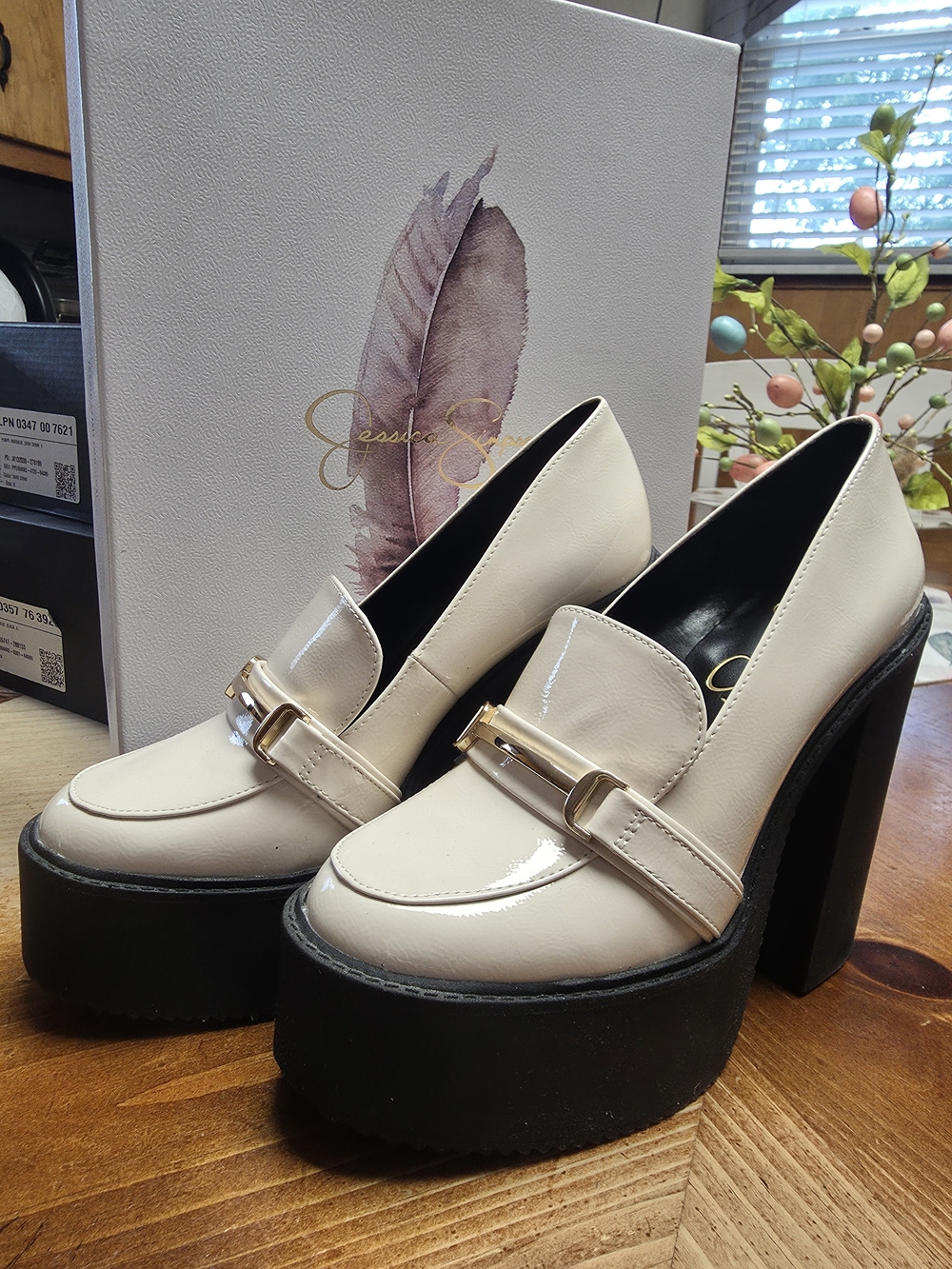 Chunky Platform Loafer Pumps in Cream with Gold Accent